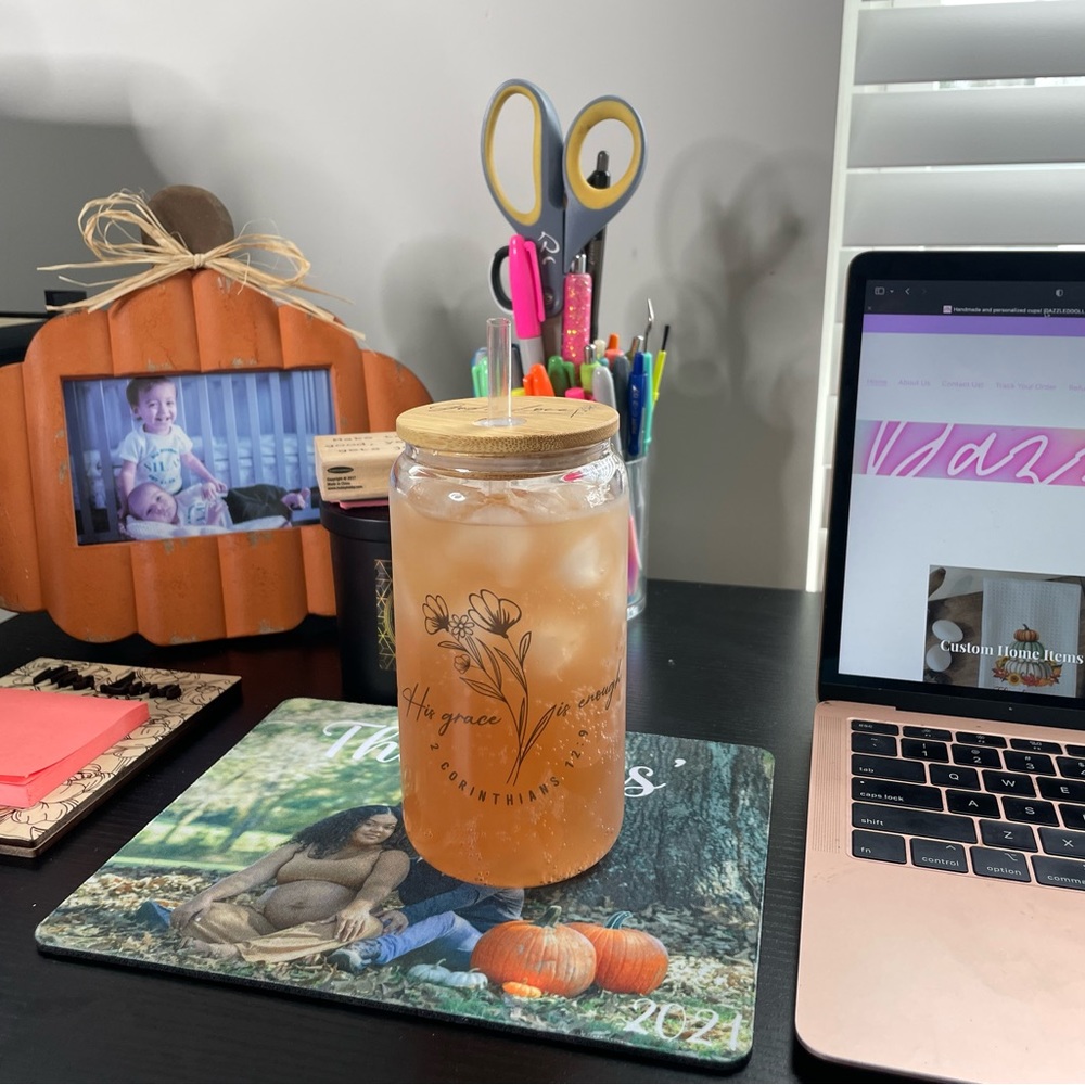 His grace is enough 16oz glass cup with engraved bamboo lid